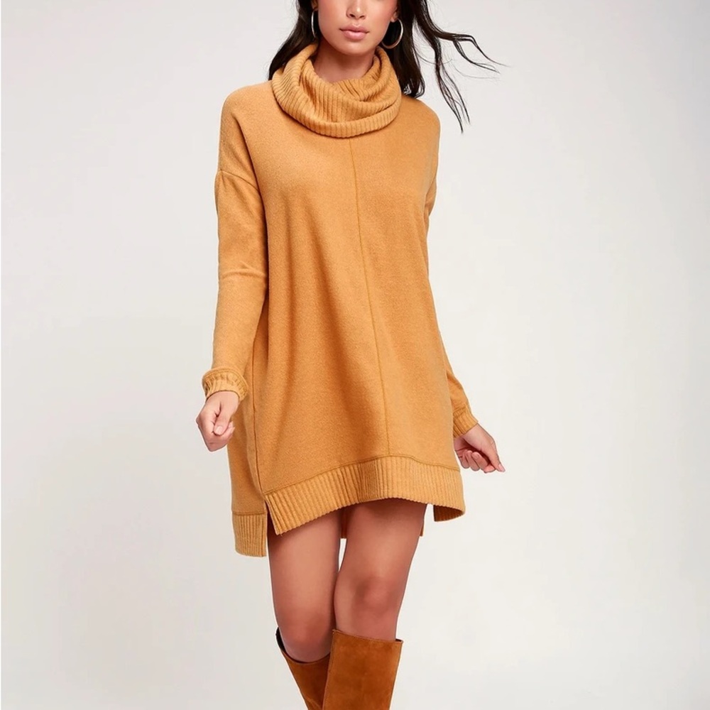 Lulus Autumn Daze Camel Cowl Neck Long Sleeve Sweater Dress